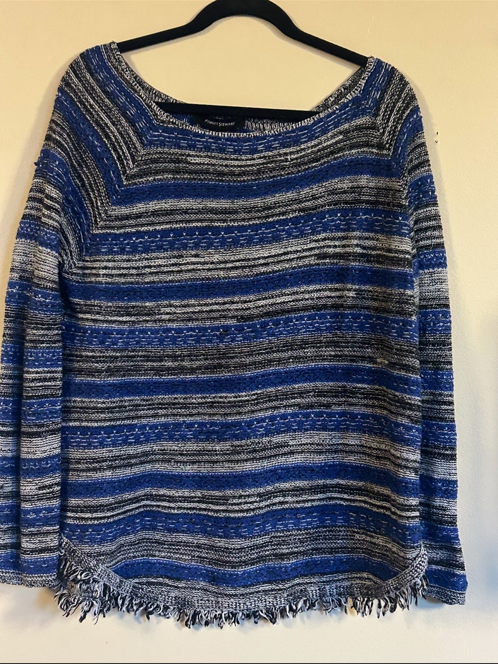 Ashley Stewart Blue & Gray Striped Fringe-Hem Crew Sweater